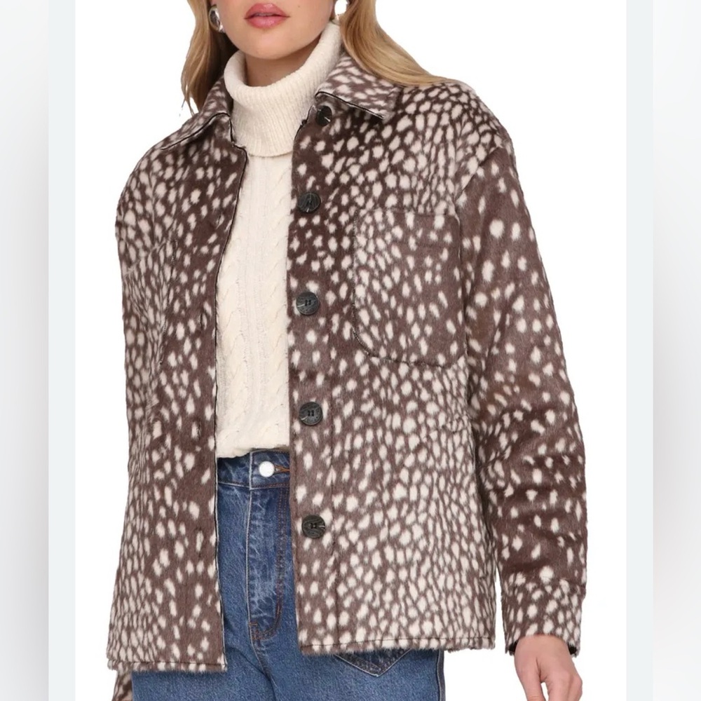 Avec Les Filles Cheetah Print Faux Fur Shirt Jacket, Size Small